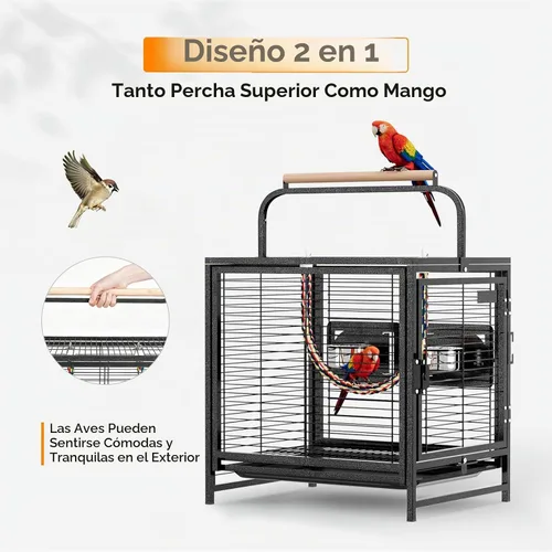 Vista 3 de VINGLI Jaula para pájaros pequeños, jaula de viaje de 19 pulgadas con asa, jaula de periquitos de hierro forjado con perca de madera para loros