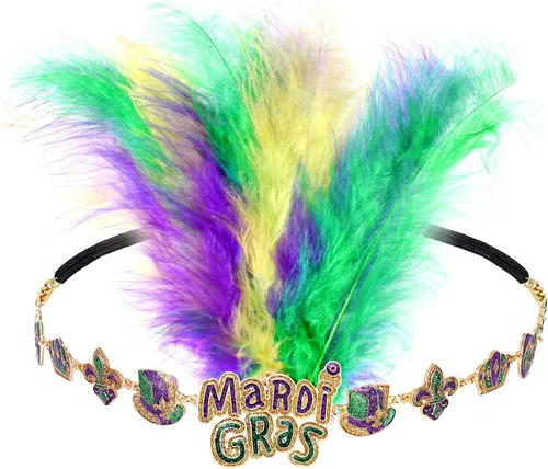 Vista 4 de NVENF Diademas de Mardi Gras, accesorios de Mardi Gras, tocados de plumas, máscara de flor de lis, diademas de carnaval para el desfile