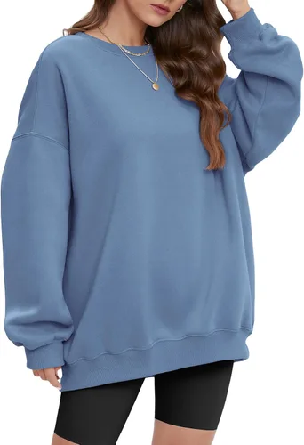 Vista 2 de ATHMILE Sudadera de gran tamaño para mujer, cuello redondo, forro polar, manga larga, sudaderas con capucha, tops de otoño, ropa de moda 2023
