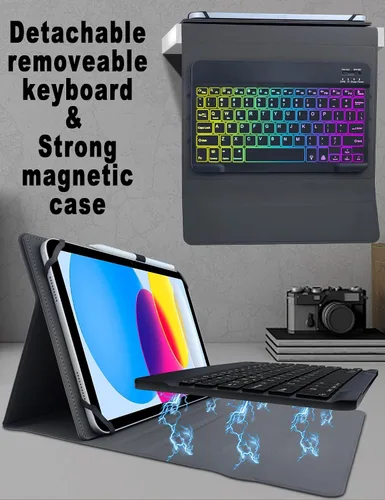 Vista 4 de Funda universal con teclado para tablet de 9.7", 10.1", 10.2", 10.5", 10.9", 11" iPad Samsung Fire Pixel Android 10.1 pulgadas, 7 colores Rainbow