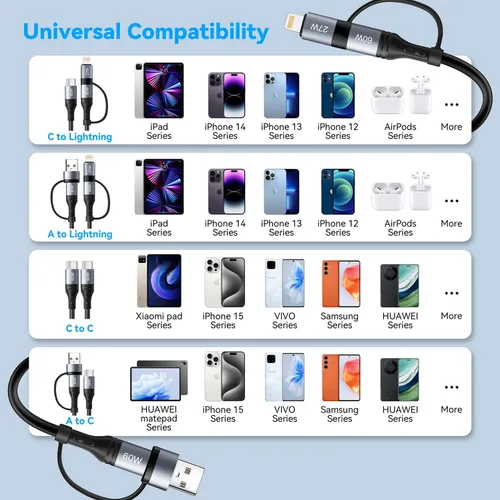 Vista 5 de Cable Lightning en espiral [2 unidades de 4 pies] Cable de carga múltiple 4 en 1 de 60 W, cable de carga rápida retráctil para iPhone