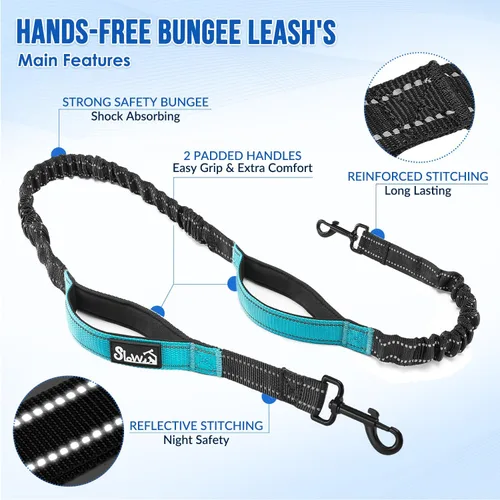 Vista 6 de SlowTon Correa para perro manos libres, con bolsa extraíble con cremallera, cuerda elástica que absorbe los golpes, doble asa y costuras