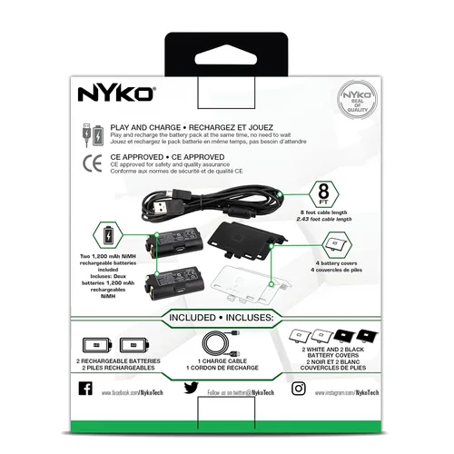 Vista 6 de Nyko Xbox One Power Kit Plus - Rechargeable Battery Kit with 2 Batteries, Black & White Covers, 8-foot Micro-USB Charge Cable - Ultimate Xbox