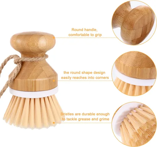 Vista 3 de Boao Cepillo de bambú para limpiar platos y 1 soporte de madera natural para limpiar la cocina, cepillo duradero de bambú para limpiar ollas