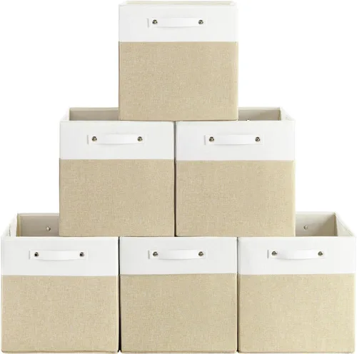 Vista 11 de FinishingBo Contenedores de almacenamiento de lino fino de 13 x 13 pulgadas con asas, cajas de cubo de tela, organizadores de cestas para estantes