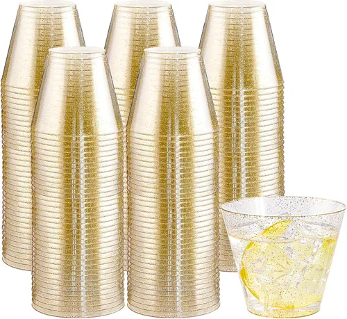 Vista 14 de I00000 100 vasos de plástico dorados, vasos de plástico transparente de 10 onzas con borde dorado, tazas de cerveza, taza dura desechable