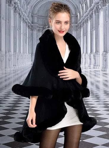 Vista 6 de SUFCOMOU Women Poncho Cape Faux Fur Shawl Wrap Winter Faux Fur Trim Coat Sleeveless Cardigan Dressy Cloak