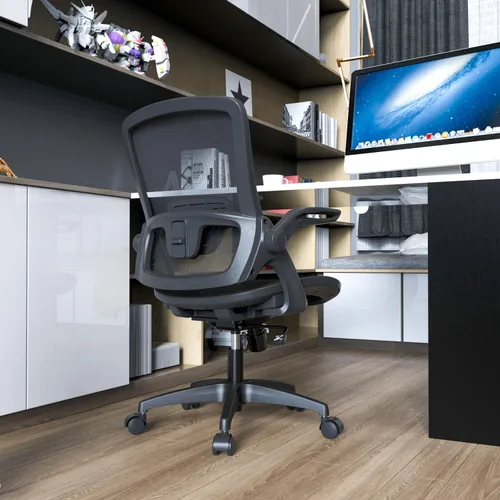 Vista 2 de Silla de oficina de malla ergonómica giratoria para el hogar, cómoda silla de computadora moderna negra con soporte lumbar ajustable, cómoda silla