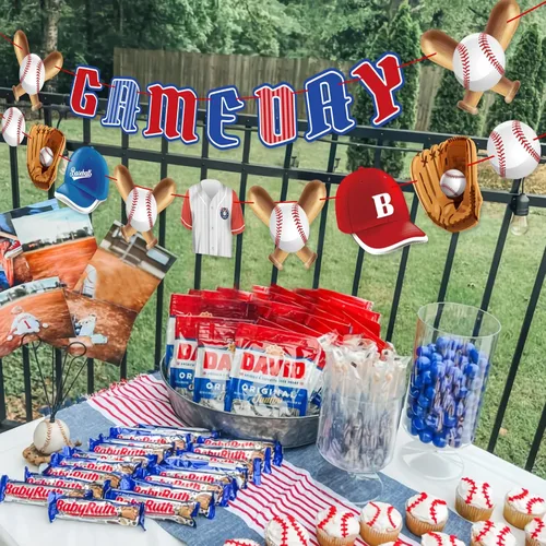 Vista 6 de Decoraciones de fiesta de béisbol preencordadas con concesiones y pancartas para el día del juego, suministros de fiesta de béisbol de feliz