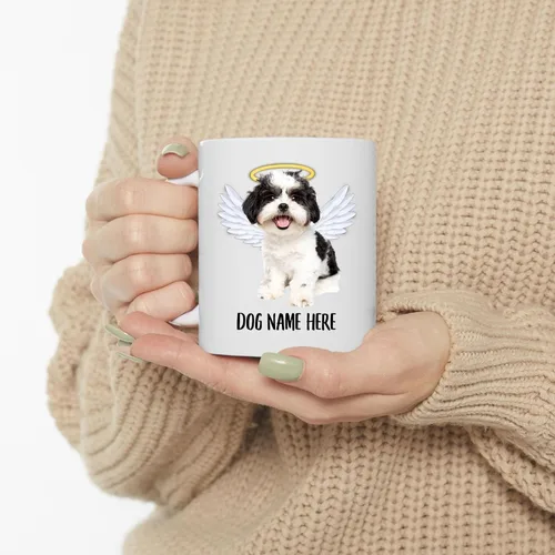Vista 3 de Taza de café conmemorativa de alas de ángel Shih Tzu con nombre personalizado, regalos de condolencias para los amantes de los perros, taza blanca