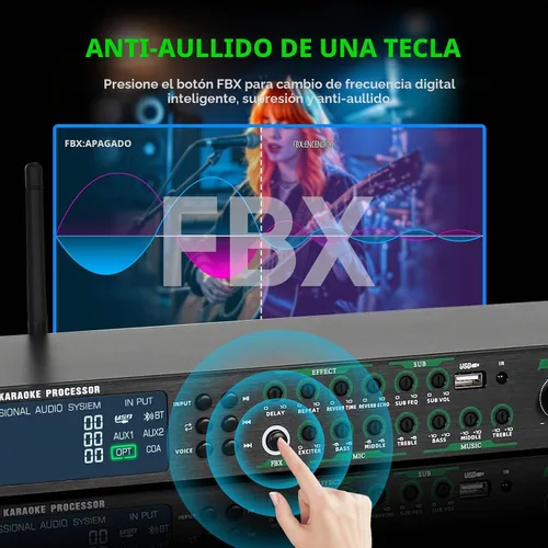 Vista 3 de AX-666 Mezclador Profesional de Karaoke Procesador KTV con Micrófonos Inalámbricos Duales, Sistema de Procesador de Efectos de Audio Vocal de Efecto