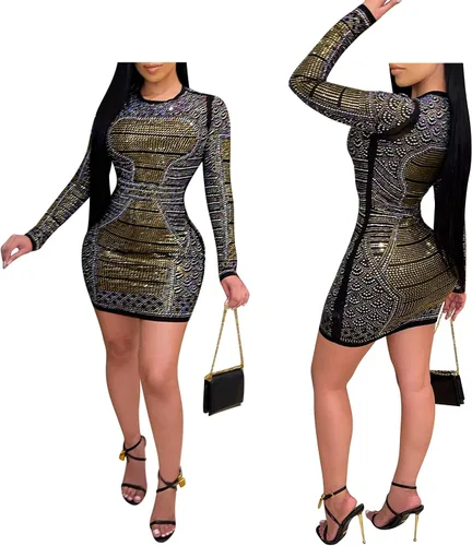Vista 3 de PORRCEY - Vestido de noche sexy con manga larga y diamantes de imitación para mujer, fiestas y discotecas