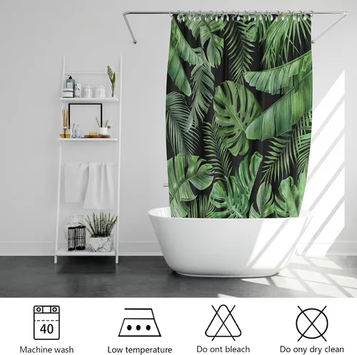 Vista 5 de Cortina de Ducha de Hojas Tropicales, Cortina de Baño Decorativa Verde y Negra con Hojas de Palmera y Plátano, Juegos de Cortinas de Ducha de Tela