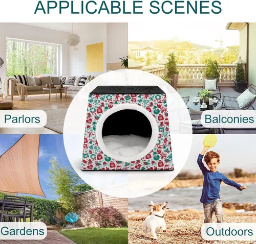Vista 3 de Cama de tres usos para gatos, sofá plegable para gatos, refugio para gatos, juguete rascador con cojín extraíble con patrón navideño
