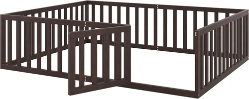 Vista 7 de Bellemave Cama de suelo de madera tamaño Queen para niños, cama Montessori con barandillas en forma de valla y puerta, para niños, niños y niñas