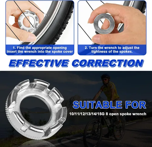 Vista 6 de Herramienta de llave de radios de bicicleta, herramienta de borde de radios 6 en 1 de acero endurecido para ajustar y reparar la tensión de la rueda