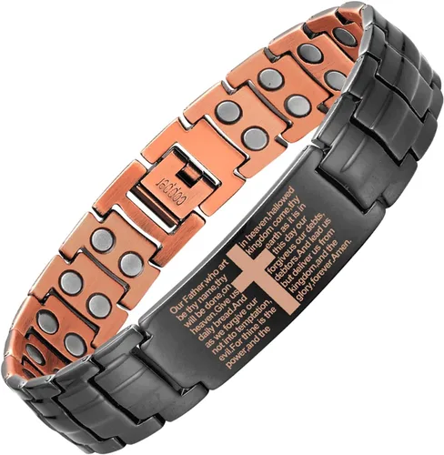 Vista 14 de MagEnergy Pulsera de cobre para hombre, pulsera magnética cristiana con imanes ultra fuertes, diseño de cruz bíblica ajustable, regalo de joyería