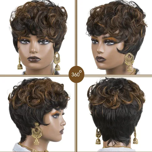 Vista 4 de Pelucas cortas de corte Pixie para mujeres negras, pelucas de corte Pixie con flequillo, negro mezclado con marrón, pelucas rizadas cortas