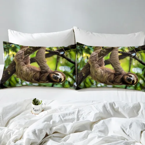 Vista 5 de Erosebridal Juego de ropa de cama de perezoso marrón, tamaño Queen, funda de edredón Kawaii para niños, adolescentes y niños, bonita funda