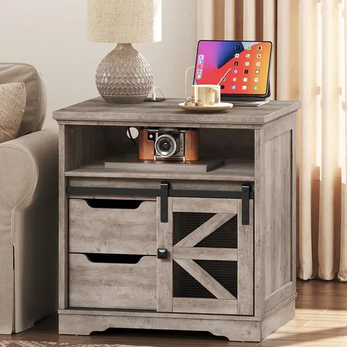 Vista 8 de Mesa auxiliar de granja con estación de carga, mesa auxiliar de sofá con 2 cajones y puerta de granero, mesita de noche de madera rústica para Gris