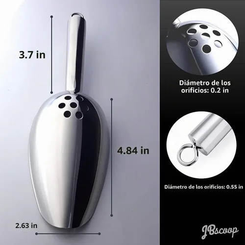 Vista 4 de JBscoop Cuchara de hielo con agujeros. Cuchara de hielo de acero inoxidable con orificios de drenaje para reducir la dilución no deseada. Resistente