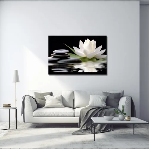Vista 2 de LZIMU Lienzo decorativo para pared, diseño de loto blanco y piedras zen negras que florecen en el agua, impresiones de imágenes para yoga, spa