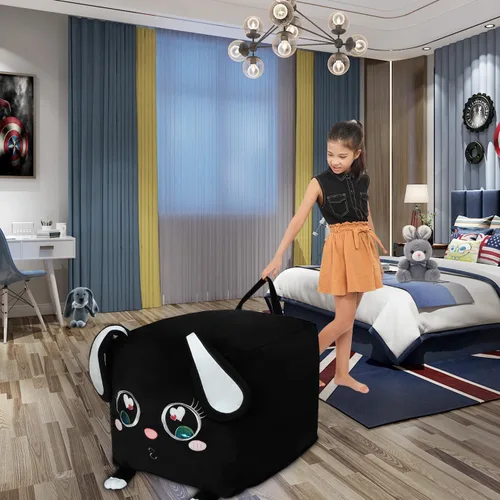 Vista 6 de Sillas de puf de conejo negro para organizador de habitación de niños, ideas de almacenamiento de animales de peluche, muebles de sala