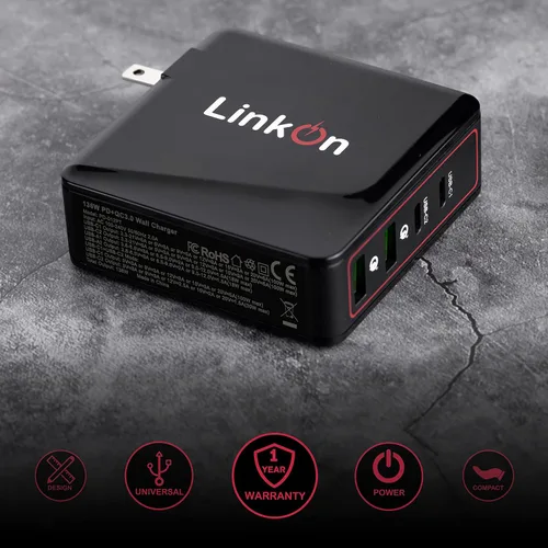 Vista 7 de LinkOn Ganius - Cargador de pared de 166 W (certificado de 136 W) GaN Tech 100 W USB-C PD3.0 PPS y 18 W USB-A QC4.0+ compatible con MacBook Dell HP