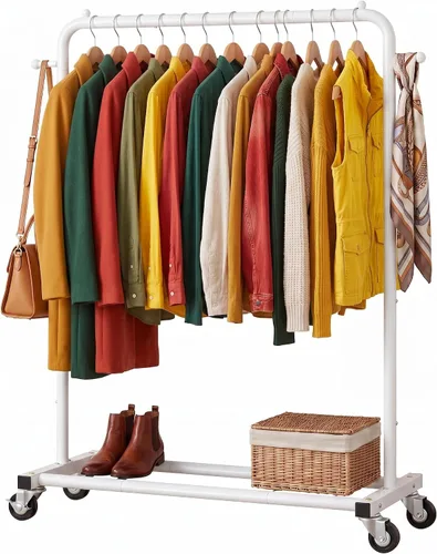Vista 11 de Sywhitta - Perchero de ropa con ruedas y estante de almacenamiento y marco de metal resistente, perchero de ropa minorista para colgar ropa