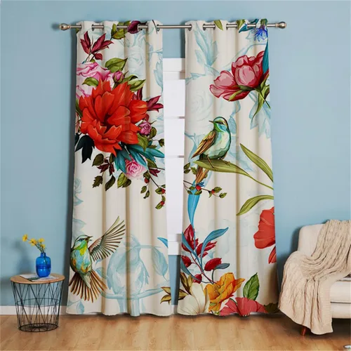 Vista 10 de Koudi Cortinas opacas con diseño de pájaros y flores, cortinas de oscurecimiento con ojales, paneles de cortina con aislamiento térmico
