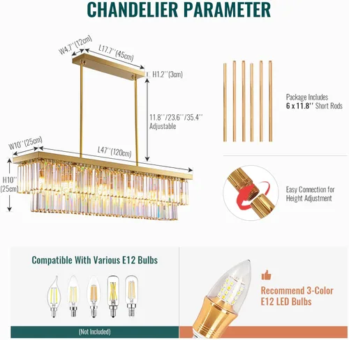 Vista 9 de Candelabro rectangular de cristal dorado para comedor de 47 Dorado brillante
