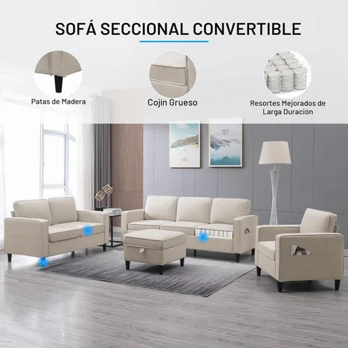 Vista 7 de PUREMIND Juego de 3 sofás de sala de estar, moderno sofá de 3 plazas con otomana, sofá biplaza y sillón, tela de lino en forma de L, juego de 3