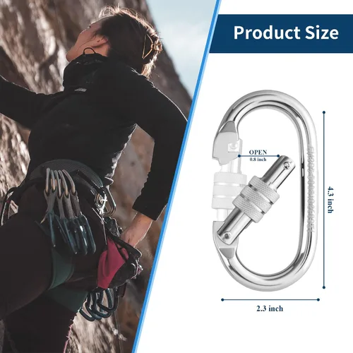 Vista 2 de Mosquetón ovalado para escalada para interiores y exteriores, clips de seguridad resistentes con cierre de tornillo, 25 KN (5600 libras)