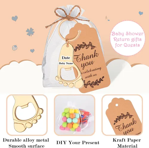 Vista 3 de 50 piezas personalizadas para baby shower, abrebotellas, llaveros de huellas, recuerdos de baby shower, regalos de devolución para invitados, vienen