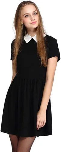 Vista 4 de Sunfaynis Vestido de manga corta con cuello de Peter Pan para mujer, disfraz de Halloween para miércoles