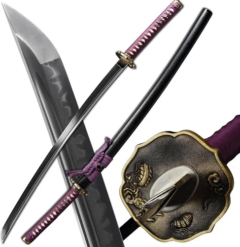 Vista 13 de Espada Katana Samurai, templada en arcilla, acero T10, Hamon real, espada completa Full Tang, hecha a mano, samurái, extremadamente afilada