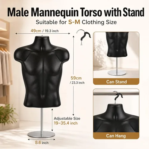 Vista 2 de Geetery 1 paquete de maniquí masculino de medio cuerpo con soporte y gancho para colgar, forma de vestido apilable con espalda hueca para exhibición