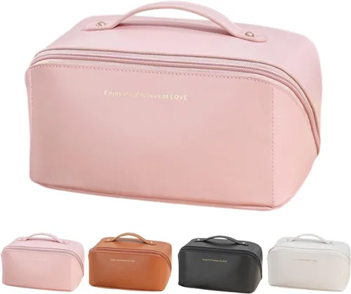 Vista 12 de Bolsas de maquillaje a cuadros de gran capacidad, bolsas de cosméticos portátiles de viaje, bolsa de aseo abierta y plana para mujeres y niñas