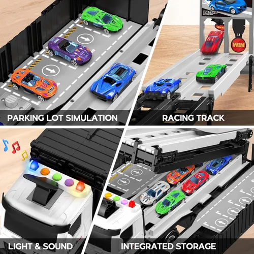Vista 4 de Camión de carreras para niños, juguete plegable de 3 capas para niños, camión de juguete para transportar autos y 8 autos de carreras, juguetes