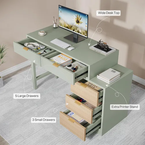 Vista 7 de Tribesigns Escritorio para computadora con 5 cajones, escritorio pequeño reversible con almacenamiento, mesa de estudio de madera moderna, estación
