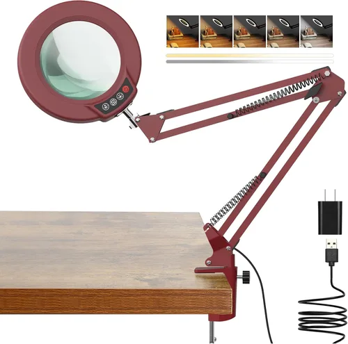 Vista 13 de Coyeth lupa de 10 aumentos con luz y abrazadera, lupa iluminada con soporte de vidrio real, lámpara de escritorio LED regulable sin escalones con 5