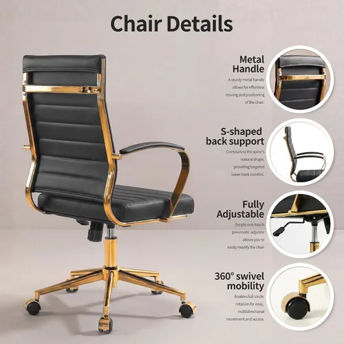 Vista 5 de Okeysen Silla de escritorio de oficina dorada, sillas ergonómicas de cuero modernas para sala de conferencias, silla ejecutiva acanalada ajustable