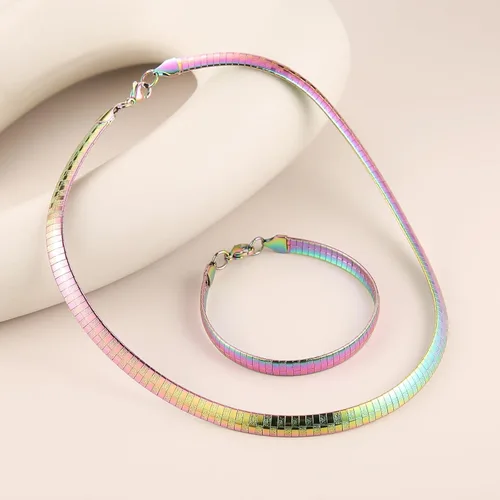 Vista 2 de HZMAN Conjunto de collar y pulsera de cadena Omega de acero inoxidable de 8mm sólido de 18 pulgadas y pulsera de 8.5 pulgadas Colorido