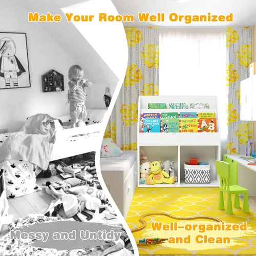Vista 7 de KOTEK Estantería para niños con organizador de almacenamiento de juguetes, estantería para niños con estante de libros de 3 niveles y 2 cubos