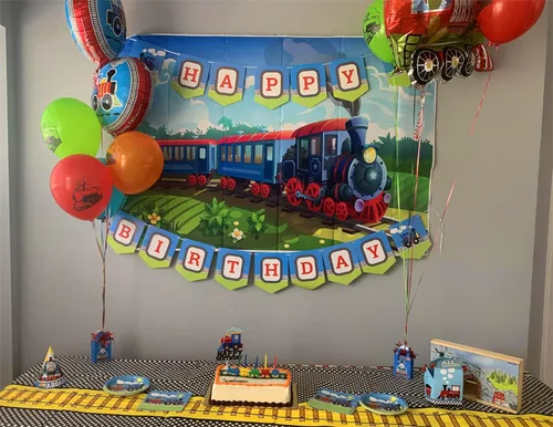 Vista 4 de GYA Fondo de fiesta de tren de corriente de 7 x 5 pies para fotografía, fondo de tren de Navidad, para niños, fiesta de cumpleaños, aventura