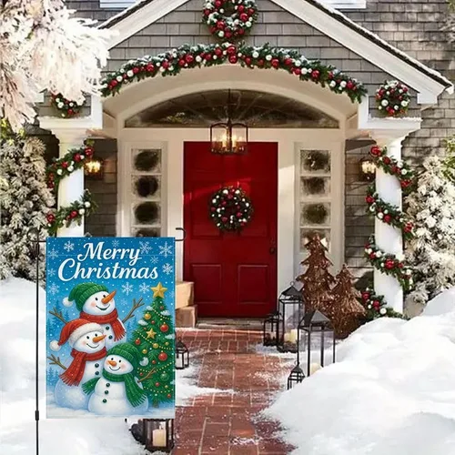 Vista 6 de Bandera de jardín de Navidad ActFirst de 12 x 18 pulgadas, bandera de muñeco de nieve de familia de Navidad Feliz con árbol, pequeña decoración