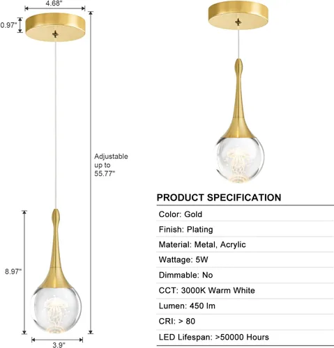 Vista 5 de CHYING Lámpara colgante dorada de cristal LED Iluminación colgante de medusa lágrima luces colgantes mini luces colgantes para isla de cocina, baño