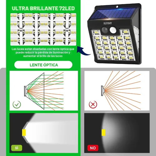 Vista 5 de Luces solares al aire libre, luz de pared con sensor de movimiento de 72 LED, IP65 impermeable y 3 modos de iluminación, luz de seguridad