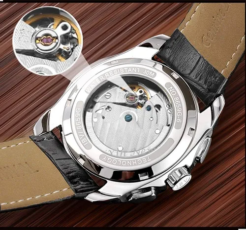 Vista 2 de Swiss Brands - Reloj automático de acero inoxidable con correa de piel auténtica marrón para hombre