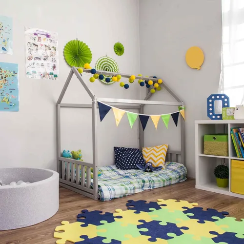 Vista 7 de Casa de la cama de los niños con rieles, Montessori cama de piso para niños pequeños, marco de cama en forma de casa Kds, marco de cama Montessori